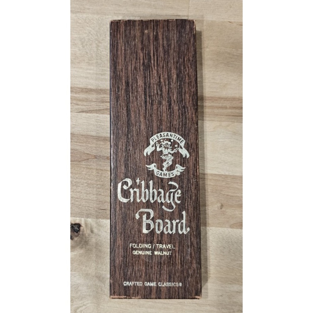 Vintage Walnut Wood Pleasantime Cribbage Board In Original Box 4 Pegs Rules